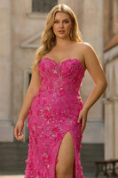Laden Sie das Bild in den Galerie-Viewer, Fuchsia Meerjungfrauen Trägerloses Korsett 3D-Blumen Pailletten Langes Plus-Size Ballkleid mit Schlitz