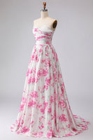 Laden Sie das Bild in den Galerie-Viewer, Weißes Fuchsia Blüten Bedrucktes Trägerloses Plissiertes A-Linie Ballkleid