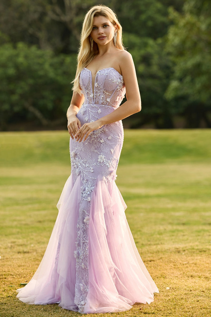 Laden Sie das Bild in den Galerie-Viewer, Meerjungfrauen Gelbes Trägerloses Korsett Spitze Langes Ballkleid mit 3D-Blumen