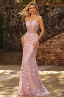 Laden Sie das Bild in den Galerie-Viewer, Glitzerndes Blush Meerjungfrauen Transparentes Korsett Langes Ballkleid mit Pailletten