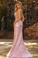 Laden Sie das Bild in den Galerie-Viewer, Glitzerndes Blush Meerjungfrauen Transparentes Korsett Langes Ballkleid mit Pailletten