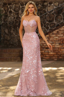 Laden Sie das Bild in den Galerie-Viewer, Glitzerndes Blush Meerjungfrauen Transparentes Korsett Langes Ballkleid mit Pailletten
