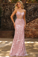 Laden Sie das Bild in den Galerie-Viewer, Glitzerndes Blush Meerjungfrauen Transparentes Korsett Langes Ballkleid mit Pailletten