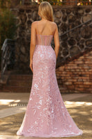 Laden Sie das Bild in den Galerie-Viewer, Glitzerndes Blush Meerjungfrauen Transparentes Korsett Langes Ballkleid mit Pailletten