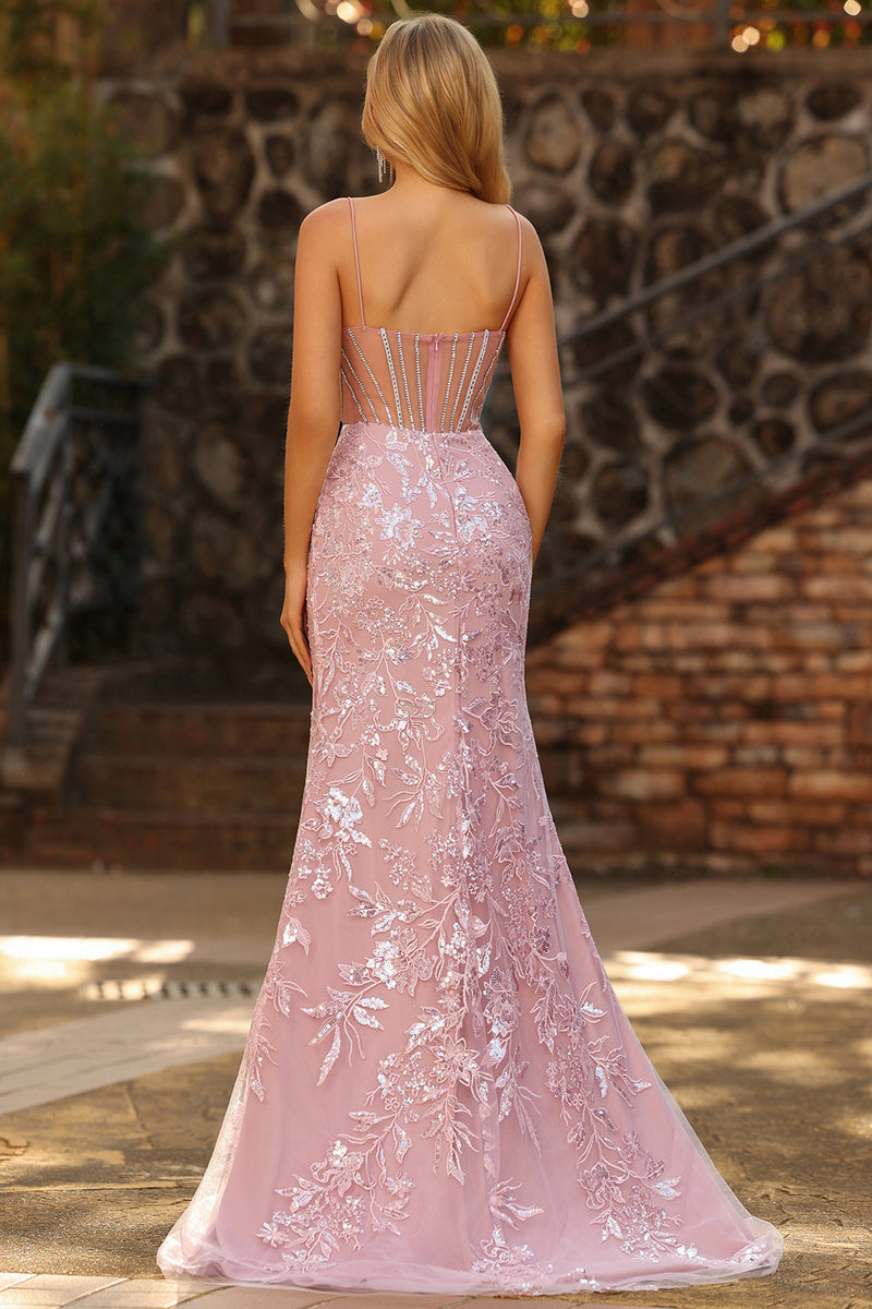 Laden Sie das Bild in den Galerie-Viewer, Glitzerndes Blush Meerjungfrauen Transparentes Korsett Langes Ballkleid mit Pailletten