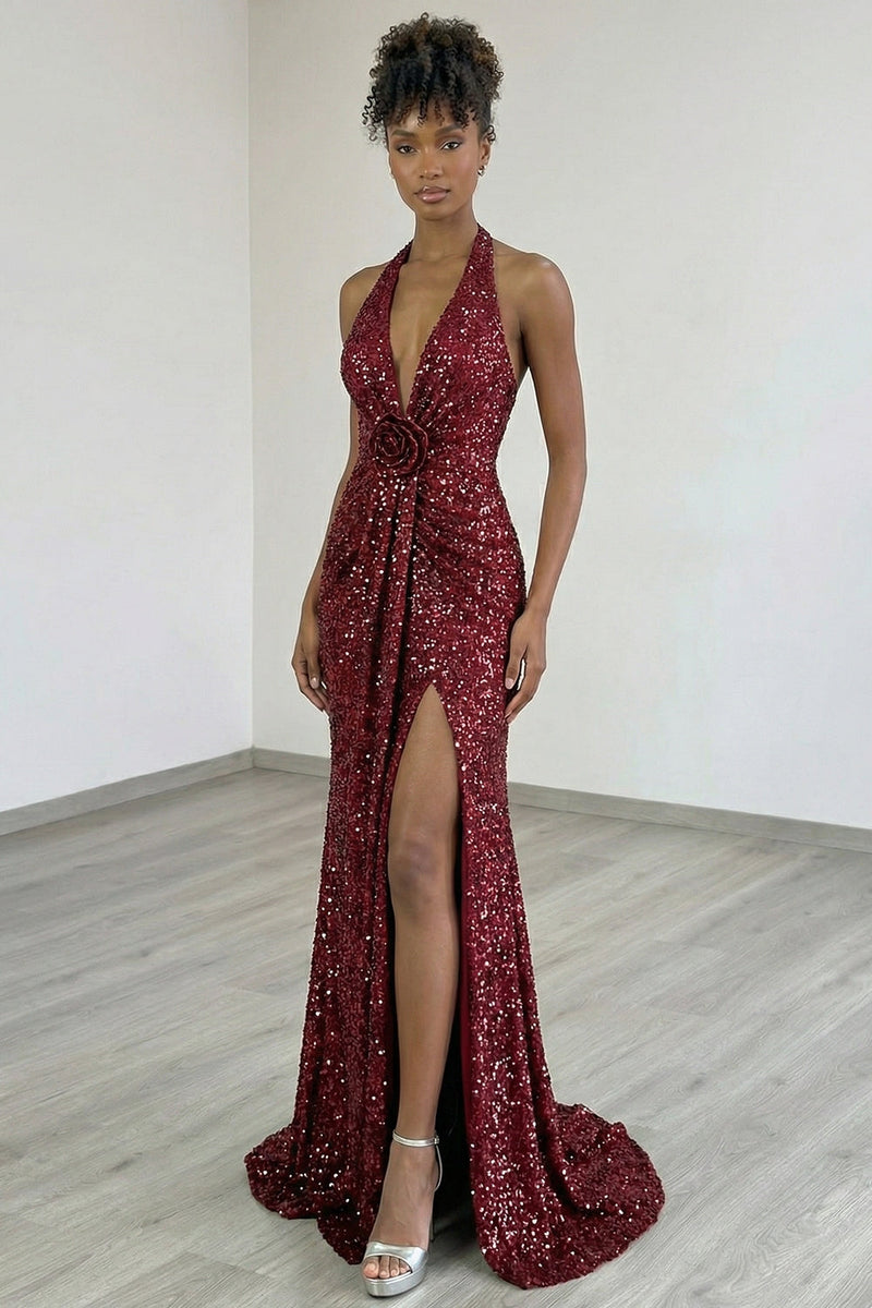 Laden Sie das Bild in den Galerie-Viewer, Glitzerndes Burgundergrünes Meerjungfrauen Neckholder Pailletten Langes Ballkleid mit Schlitz