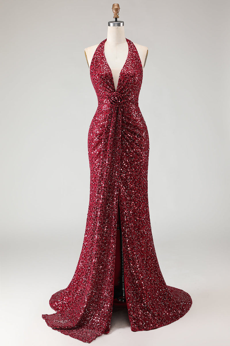 Laden Sie das Bild in den Galerie-Viewer, Glitzerndes Burgundergrünes Meerjungfrauen Neckholder Pailletten Langes Ballkleid mit Schlitz