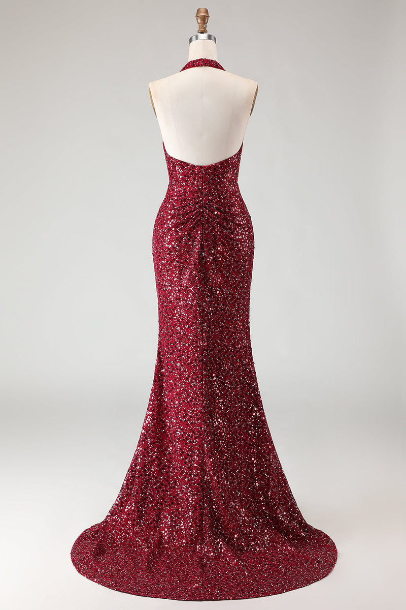 Laden Sie das Bild in den Galerie-Viewer, Glitzerndes Burgundergrünes Meerjungfrauen Neckholder Pailletten Langes Ballkleid mit Schlitz