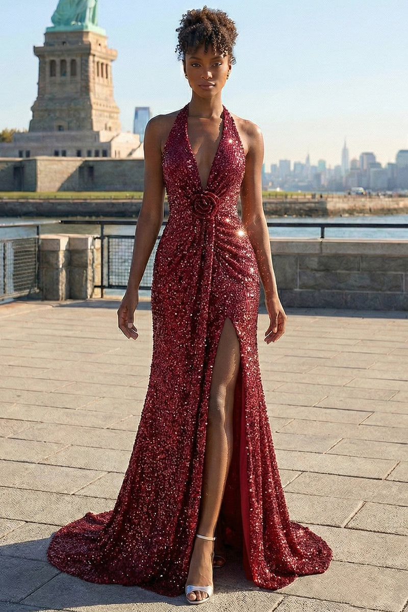 Laden Sie das Bild in den Galerie-Viewer, Glitzerndes Burgundergrünes Meerjungfrauen Neckholder Pailletten Langes Ballkleid mit Schlitz