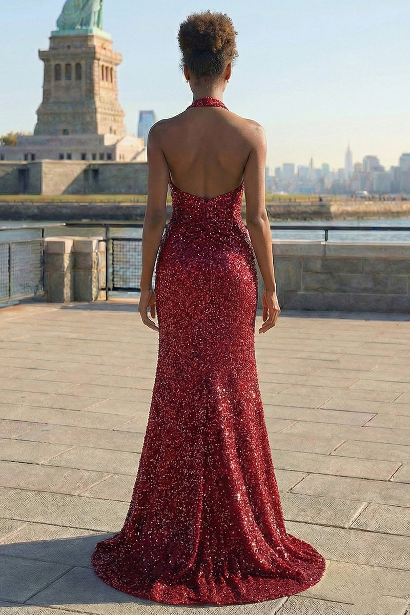 Laden Sie das Bild in den Galerie-Viewer, Glitzerndes Burgundergrünes Meerjungfrauen Neckholder Pailletten Langes Ballkleid mit Schlitz
