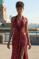 Laden Sie das Bild in den Galerie-Viewer, Glitzerndes Burgundergrünes Meerjungfrauen Neckholder Pailletten Langes Ballkleid mit Schlitz