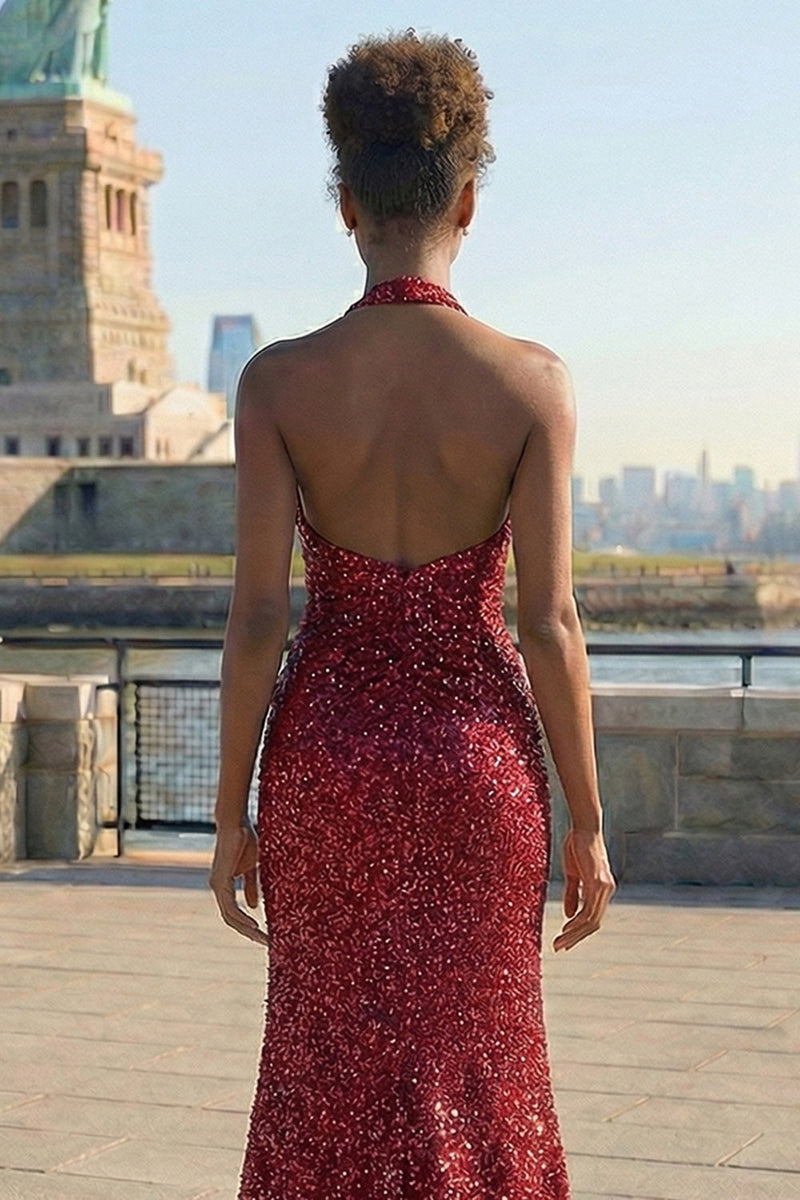 Laden Sie das Bild in den Galerie-Viewer, Glitzerndes Burgundergrünes Meerjungfrauen Neckholder Pailletten Langes Ballkleid mit Schlitz