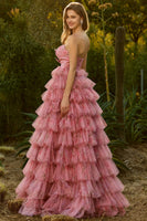 Laden Sie das Bild in den Galerie-Viewer, Rosa Blumen A-Linie Trägerloses Gestuftes Rüschen Langes Ballkleid mit Schleifen