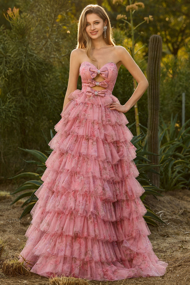 Laden Sie das Bild in den Galerie-Viewer, Rosa Blumen A-Linie Trägerloses Gestuftes Rüschen Langes Ballkleid mit Schleifen