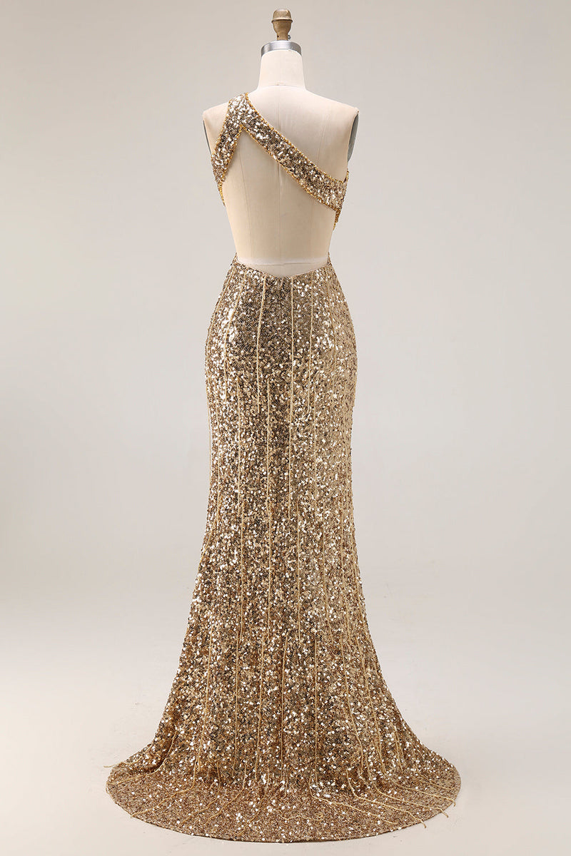 Laden Sie das Bild in den Galerie-Viewer, Glitzerndes Eine Schulter Ausgeschnittenes Meerjungfrauen Golden Pailletten Langes Ballkleid mit Schlitz