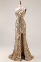 Laden Sie das Bild in den Galerie-Viewer, Glitzerndes Silbernes Meerjungfrauen Pailletten Langes Ballkleid mit Schlitz