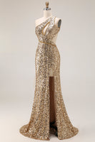 Laden Sie das Bild in den Galerie-Viewer, Glitzerndes Eine Schulter Ausgeschnittenes Meerjungfrauen Golden Pailletten Langes Ballkleid mit Schlitz