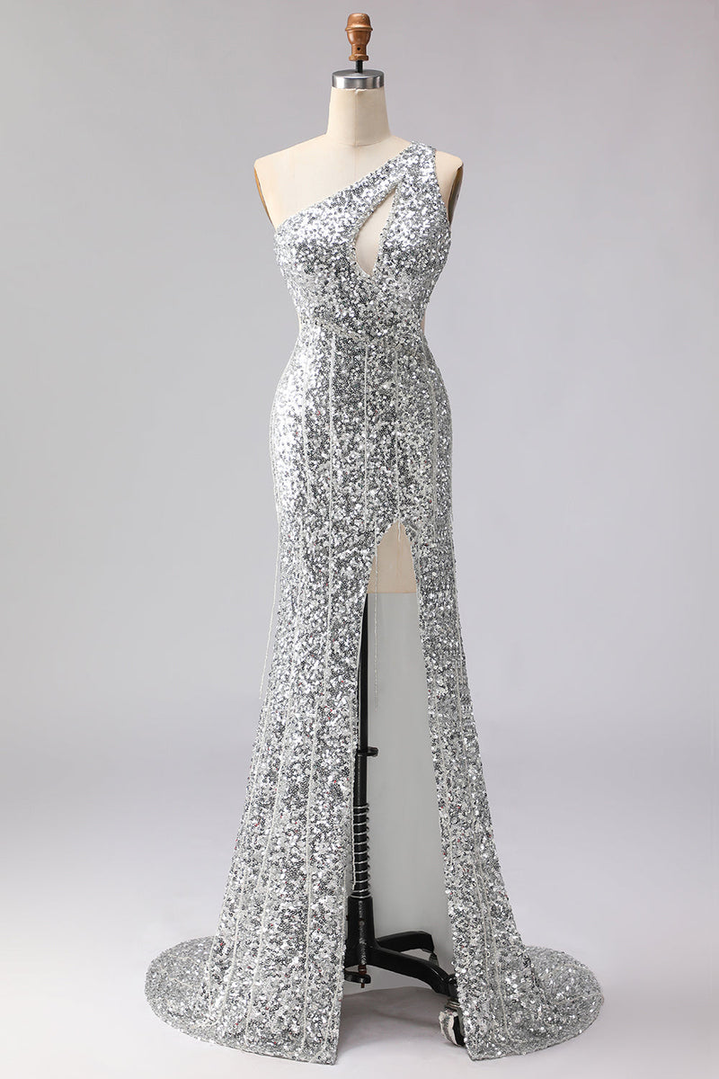 Laden Sie das Bild in den Galerie-Viewer, Glitzerndes Eine Schulter Ausgeschnittenes Meerjungfrauen Golden Pailletten Langes Ballkleid mit Schlitz