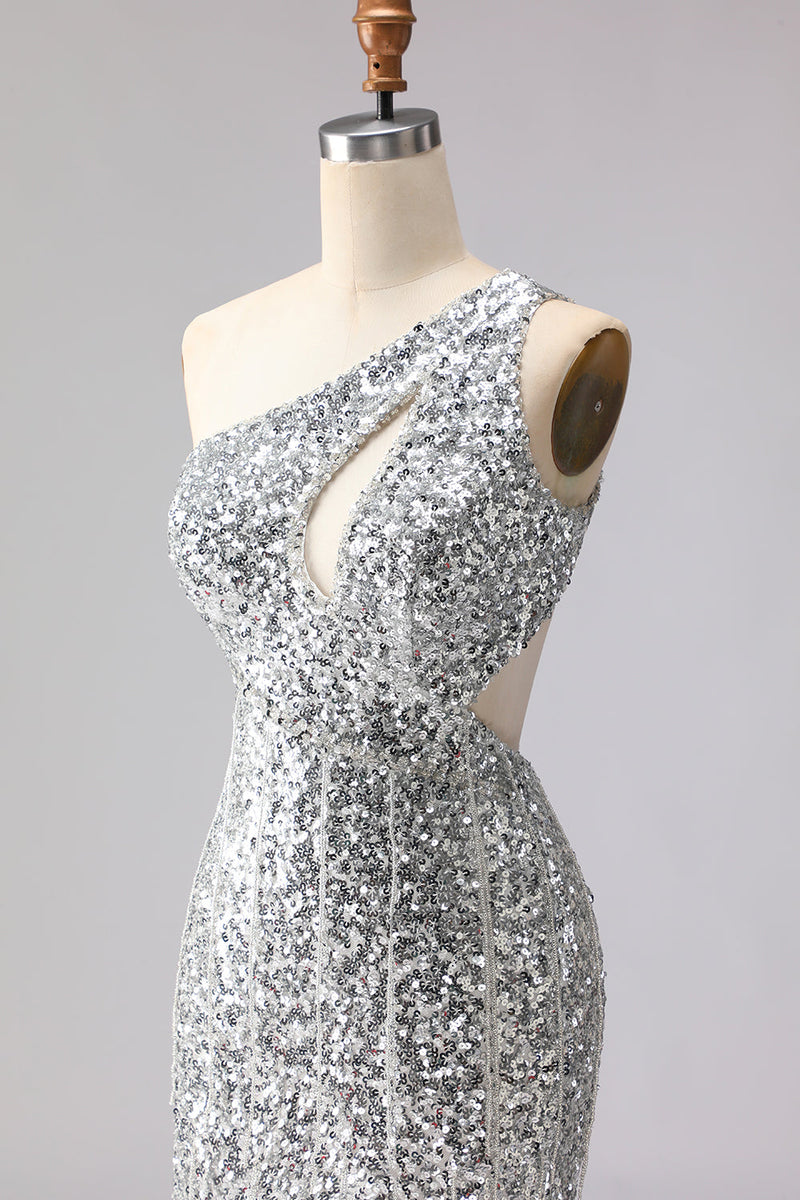 Laden Sie das Bild in den Galerie-Viewer, Glitzerndes Silbernes Meerjungfrauen Pailletten Langes Ballkleid mit Schlitz