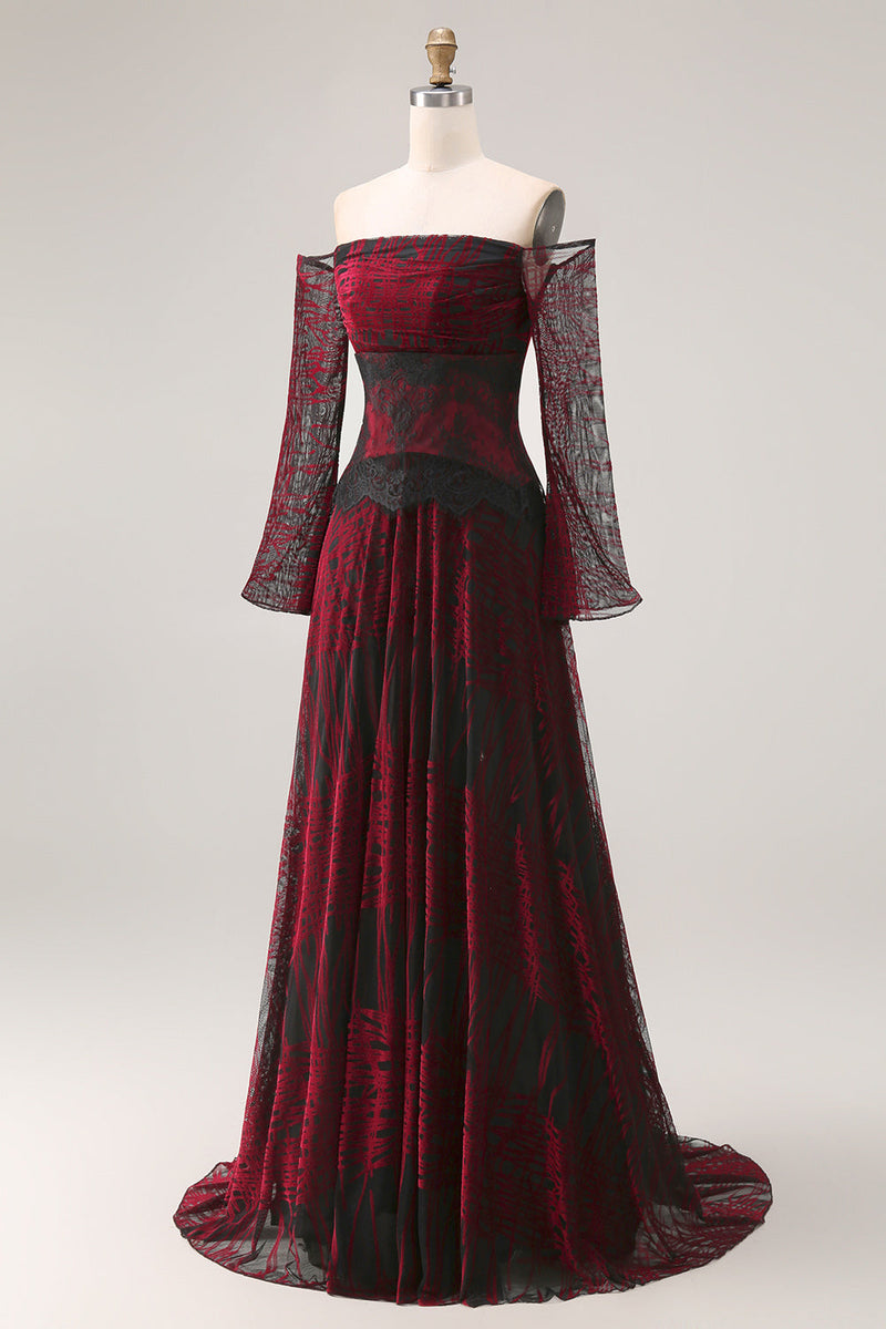 Laden Sie das Bild in den Galerie-Viewer, Schwarzrotes Schulterfreies Bedrucktes A-Linie Ballkleid mit langen Ärmeln