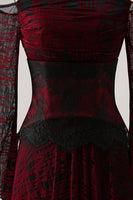 Laden Sie das Bild in den Galerie-Viewer, Schwarzrotes Schulterfreies Bedrucktes A-Linie Ballkleid mit langen Ärmeln