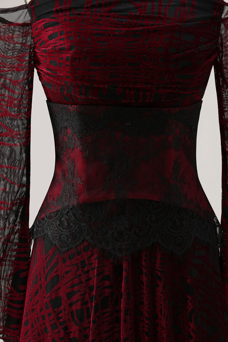 Laden Sie das Bild in den Galerie-Viewer, Schwarzrotes Schulterfreies Bedrucktes A-Linie Ballkleid mit langen Ärmeln