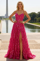 Laden Sie das Bild in den Galerie-Viewer, Fuchsia A-Linie Pailletten Transparentes Korsett 3D-Blumen Langes Ballkleid mit Schlitz