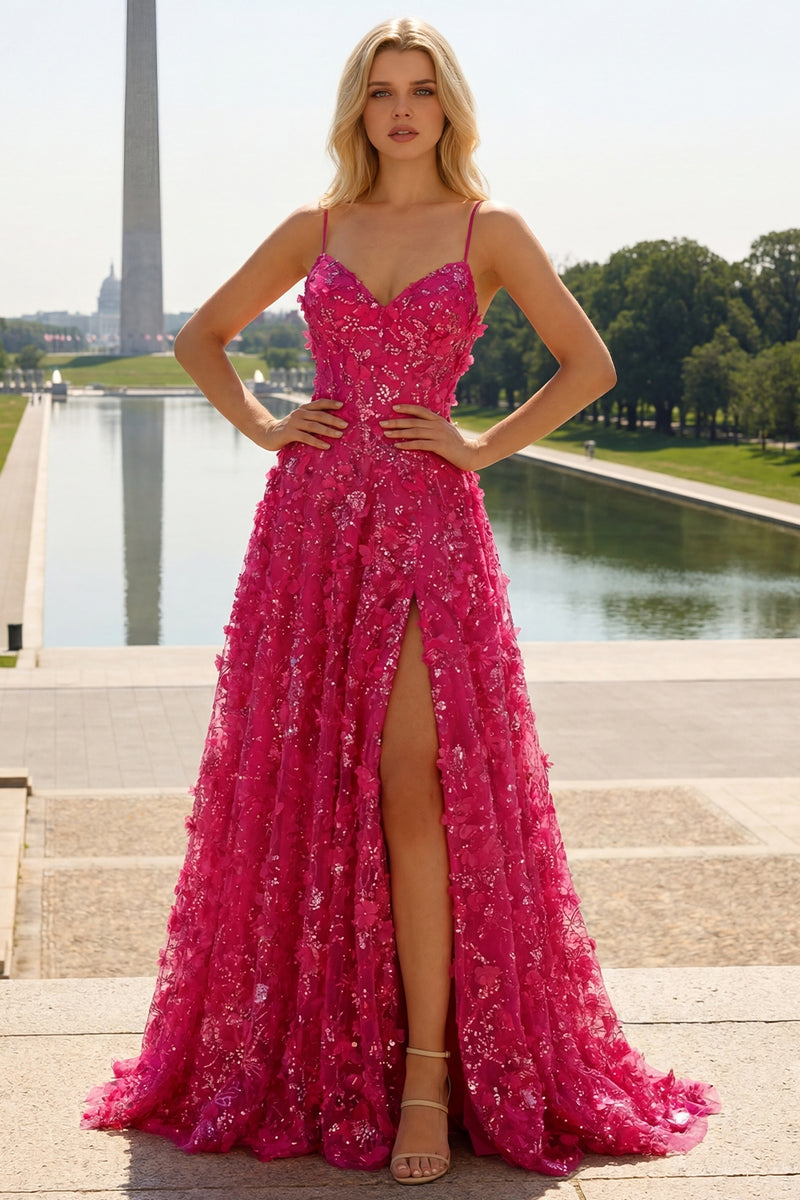 Laden Sie das Bild in den Galerie-Viewer, Fuchsia A-Linie Pailletten Transparentes Korsett 3D-Blumen Langes Ballkleid mit Schlitz