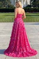 Laden Sie das Bild in den Galerie-Viewer, Fuchsia A-Linie Pailletten Transparentes Korsett 3D-Blumen Langes Ballkleid mit Schlitz