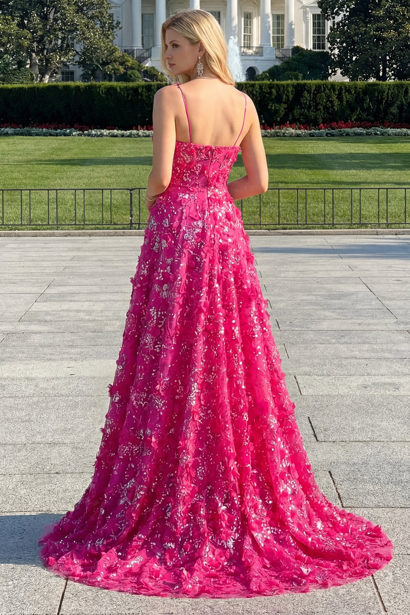 Laden Sie das Bild in den Galerie-Viewer, Fuchsia A-Linie Pailletten Transparentes Korsett 3D-Blumen Langes Ballkleid mit Schlitz