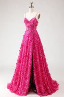 Laden Sie das Bild in den Galerie-Viewer, Fuchsia A-Linie Pailletten Transparentes Korsett 3D-Blumen Langes Ballkleid mit Schlitz