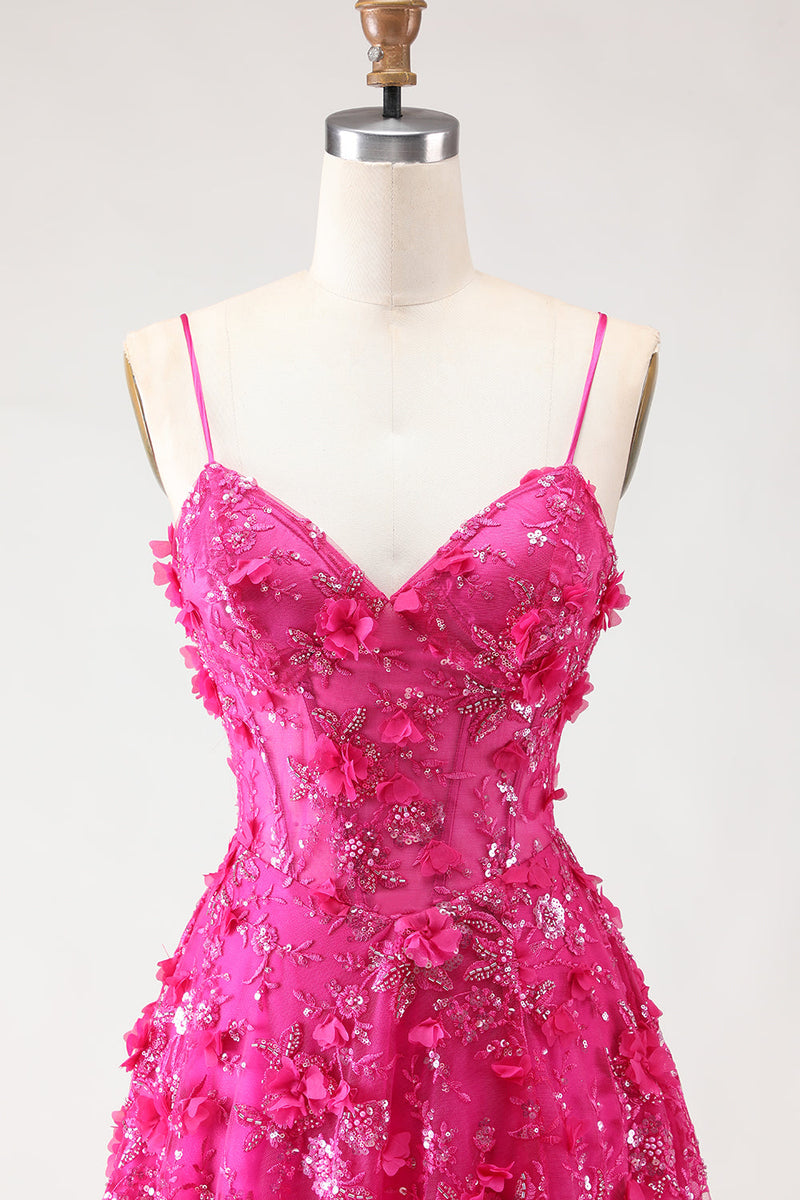 Laden Sie das Bild in den Galerie-Viewer, Fuchsia A-Linie Pailletten Transparentes Korsett 3D-Blumen Langes Ballkleid mit Schlitz
