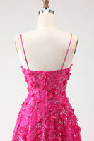 Laden Sie das Bild in den Galerie-Viewer, Fuchsia A-Linie Pailletten Transparentes Korsett 3D-Blumen Langes Ballkleid mit Schlitz