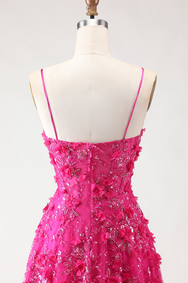 Laden Sie das Bild in den Galerie-Viewer, Fuchsia A-Linie Pailletten Transparentes Korsett 3D-Blumen Langes Ballkleid mit Schlitz