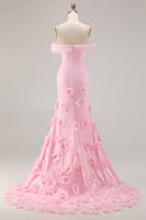 Laden Sie das Bild in den Galerie-Viewer, Rosa 3D-Blumen Schulterfreies Meerjungfrauen Ballkleid