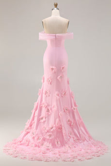 Rosa 3D-Blumen Schulterfreies Meerjungfrauen Ballkleid