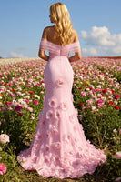 Laden Sie das Bild in den Galerie-Viewer, Rosa 3D-Blumen Schulterfreies Meerjungfrauen Ballkleid