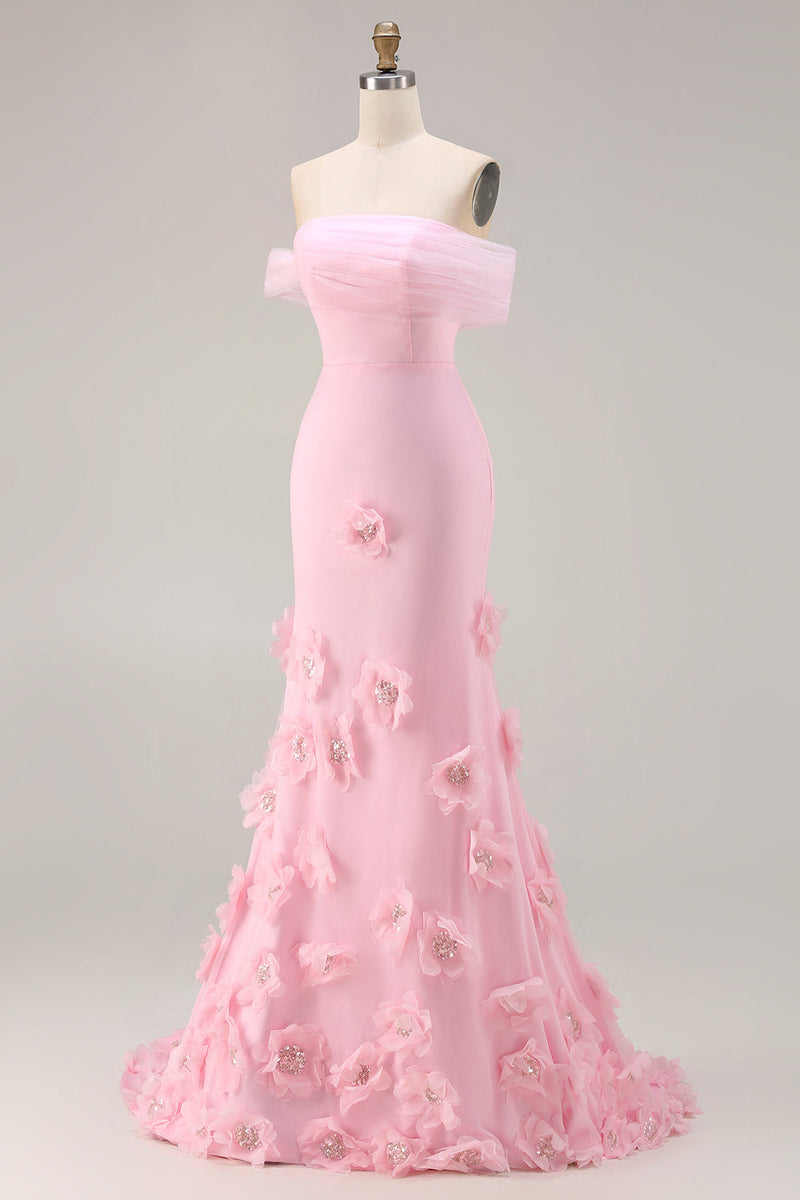 Laden Sie das Bild in den Galerie-Viewer, Rosa 3D-Blumen Schulterfreies Meerjungfrauen Ballkleid
