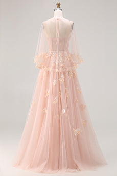 Blush A-Linie Tüll Applikationskorsett Wandelbares Langes Ballkleid mit Ärmeln