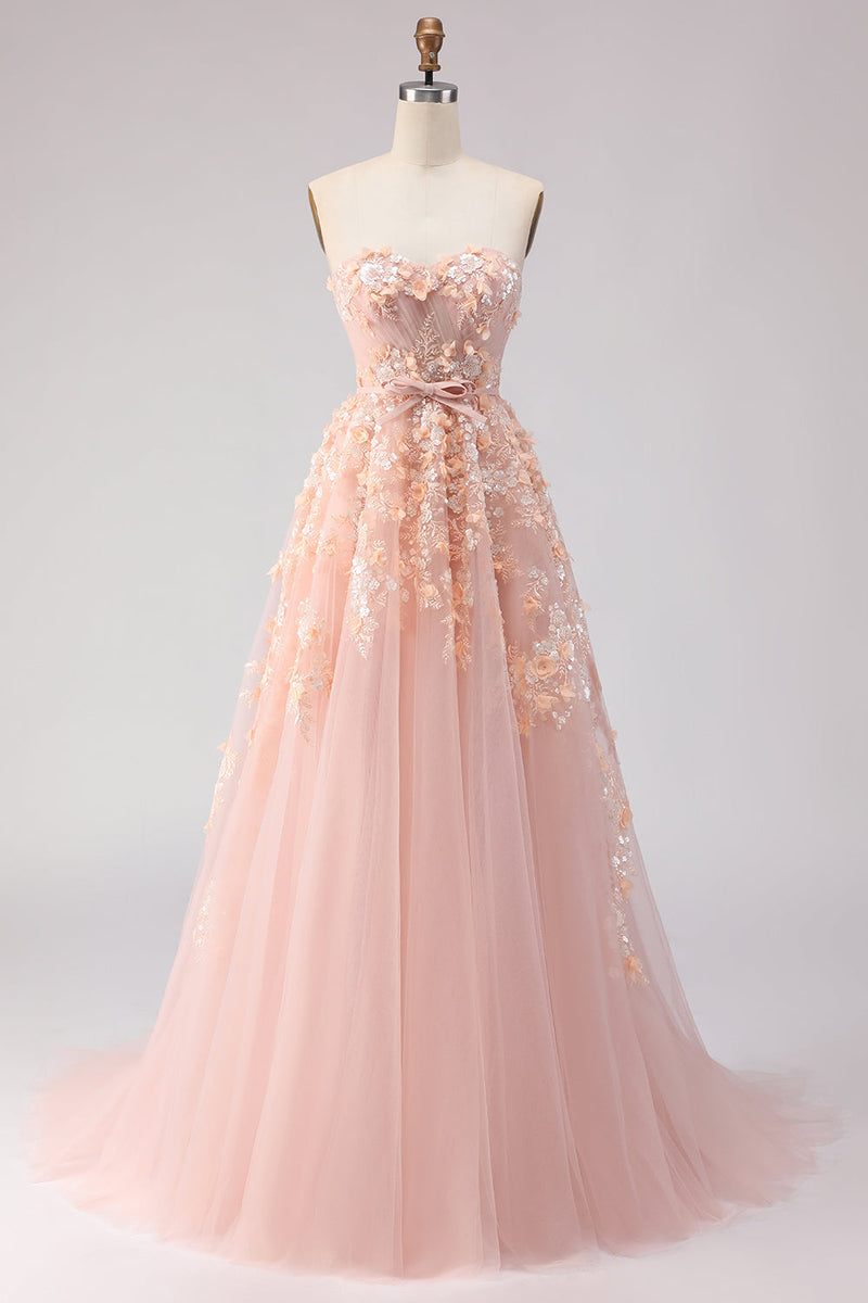 Laden Sie das Bild in den Galerie-Viewer, Schulterfreies Blush A-Linie Perlenbesetztes Langes Ballkleid mit abnehmbaren Ärmeln