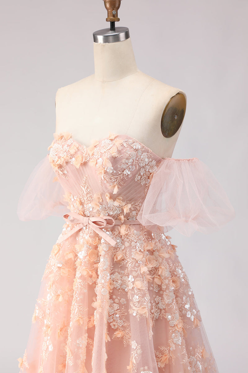 Laden Sie das Bild in den Galerie-Viewer, Schulterfreies Blush A-Linie Perlenbesetztes Langes Ballkleid mit abnehmbaren Ärmeln