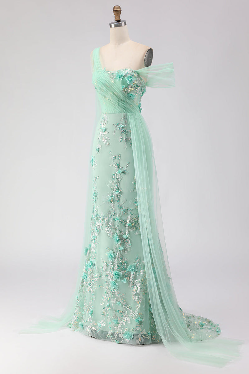 Laden Sie das Bild in den Galerie-Viewer, Grünes Meerjungfrau Eine Schulter 3D-Blumen Pailletten Langes Ballkleid mit Girlande