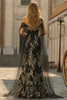 Laden Sie das Bild in den Galerie-Viewer, Schwarzes Goldenes Einschulteriges 3D-Blumen Meerjungfrauen Langes Plus-Size Ballkleid