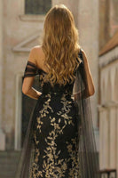 Laden Sie das Bild in den Galerie-Viewer, Schwarzes Goldenes Einschulteriges 3D-Blumen Meerjungfrauen Langes Plus-Size Ballkleid