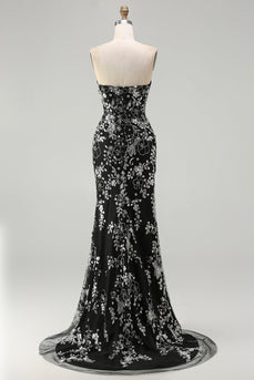 Schwarzes Meerjungfrauen Trägerloses Langes Ballkleid mit Perlen