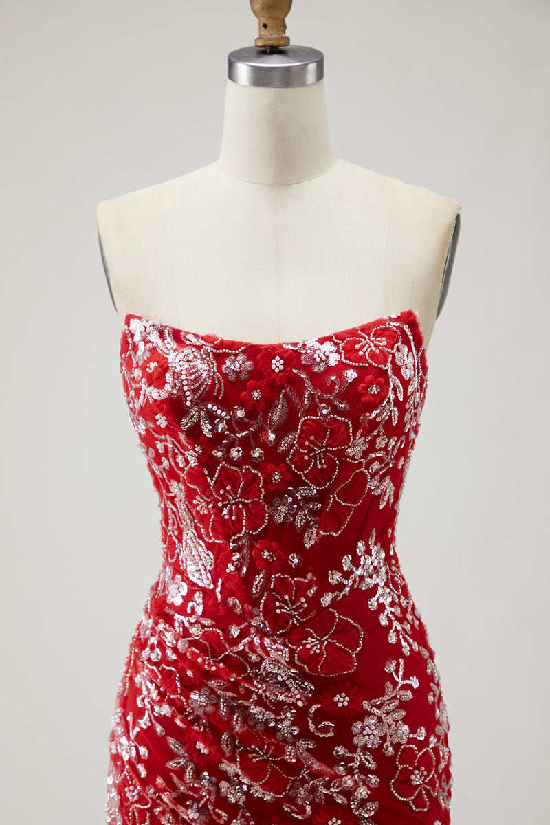 Laden Sie das Bild in den Galerie-Viewer, Rotes Meerjungfrauen Trägerloses Applikiertes Langes Ballkleid mit Perlen