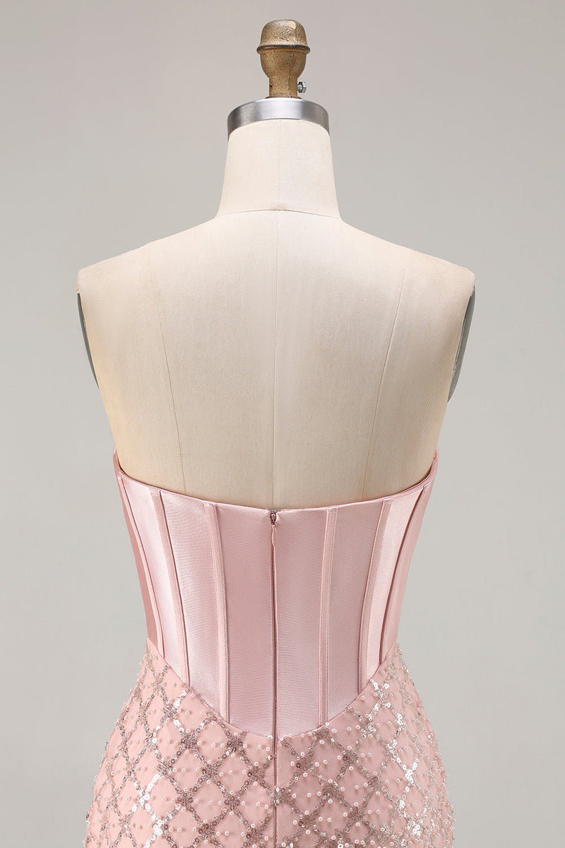 Laden Sie das Bild in den Galerie-Viewer, Blush Meerjungfrauen Herzausschnitt Korsett Pailletten Langes Ballkleid mit Perlenbestickung