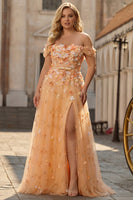 Laden Sie das Bild in den Galerie-Viewer, Champagner Appliquiertes A-Linie Schulterfreies Langes Plus Size Ballkleid