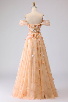 Champagner Schulterfreies Blumenmuster A-Linie Langes Wandelbares Ballkleid