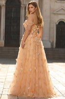 Laden Sie das Bild in den Galerie-Viewer, Champagner Appliquiertes A-Linie Schulterfreies Langes Plus Size Ballkleid